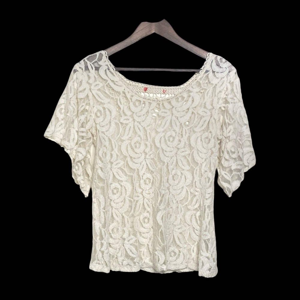 Floral Lace Blouse Women's White Boho Flutter Sleeve Sheer Top Cottage Boho
